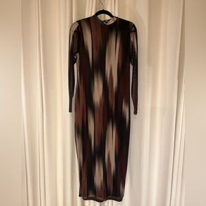 Boohoo Long Sleeve Dress in Brown and Black Sheer Sleeve Size 12